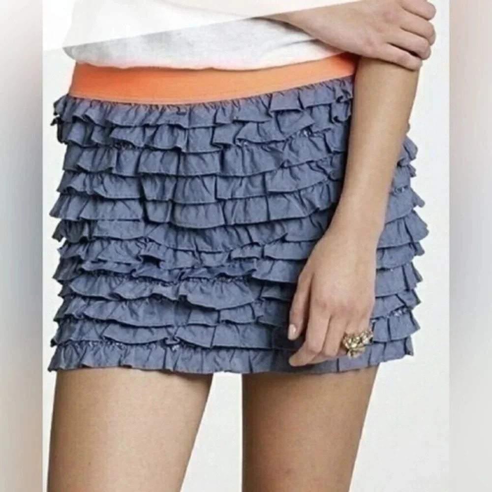 J. Crew Cotton Lucca Chambray Tiered Ruffle Mini Skirt Neon Waistband Size XS